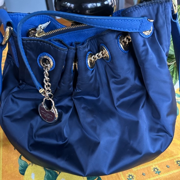 Henri Bendel Blue Satin Gold Accents Drawstring Crossbody Bag with Charm in VGUC - Picture 6 of 13